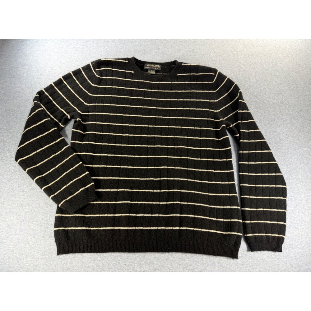 Vintage Country Shop Cashmere Sweater Large Black Ivory Stripe 90s Crewneck